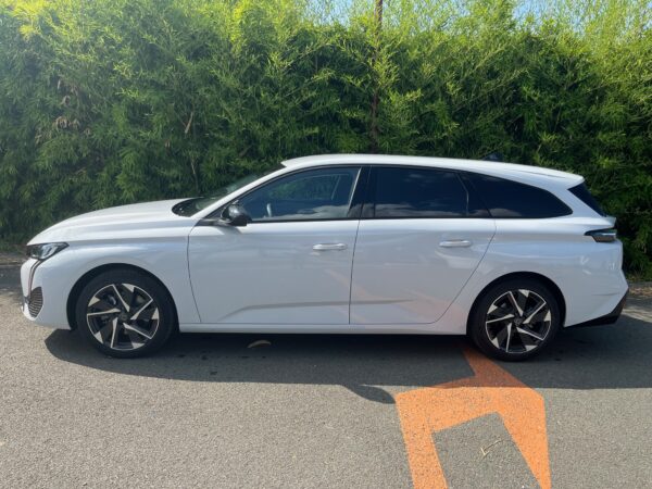 Voiture blanche garée devant des buissons.